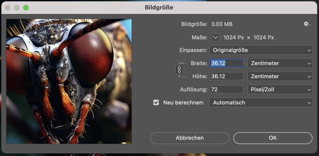 Vor Upscale 4x - Das Bild hat eine Grösse von 36.12x36.12 cm bei 72 dpi nach dem Export aus Midjourney